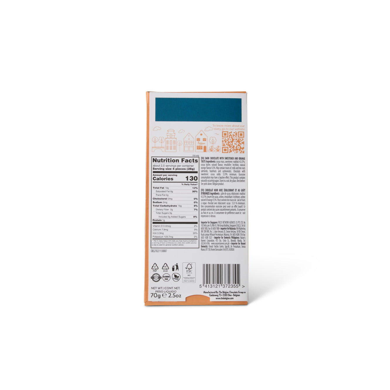 The Belgian No Sugar Added Dark Chocolate Orange 70g