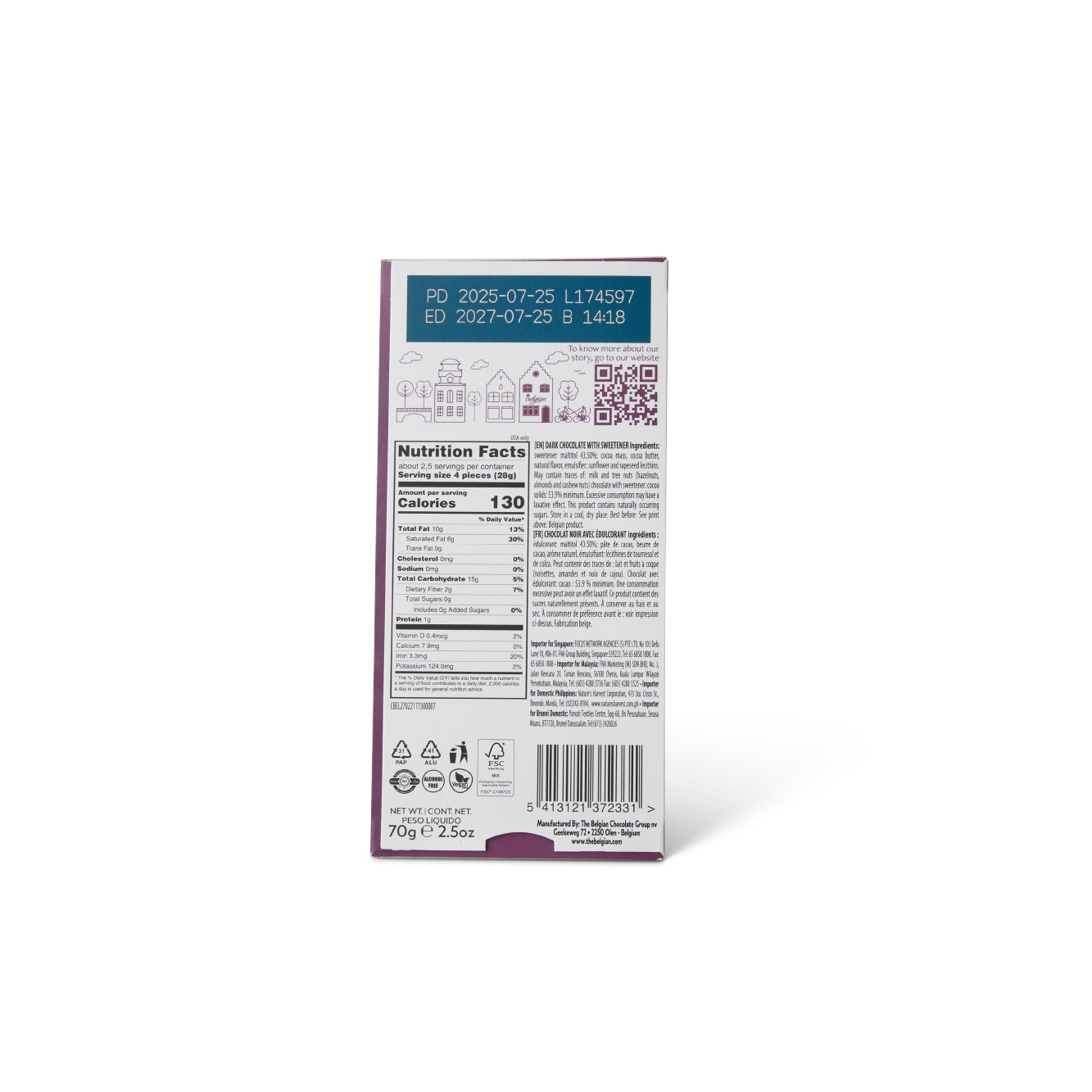 The Belgian No Sugar Added Dark Chocolate 70g