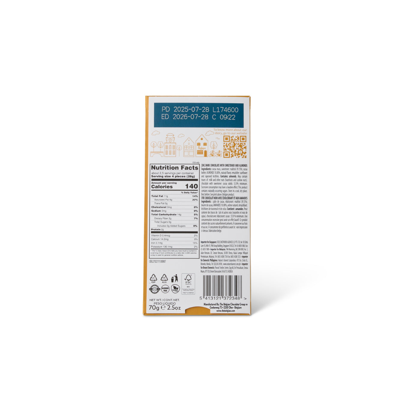The Belgian No Sugar Added Dark Chocolate Almond 70g